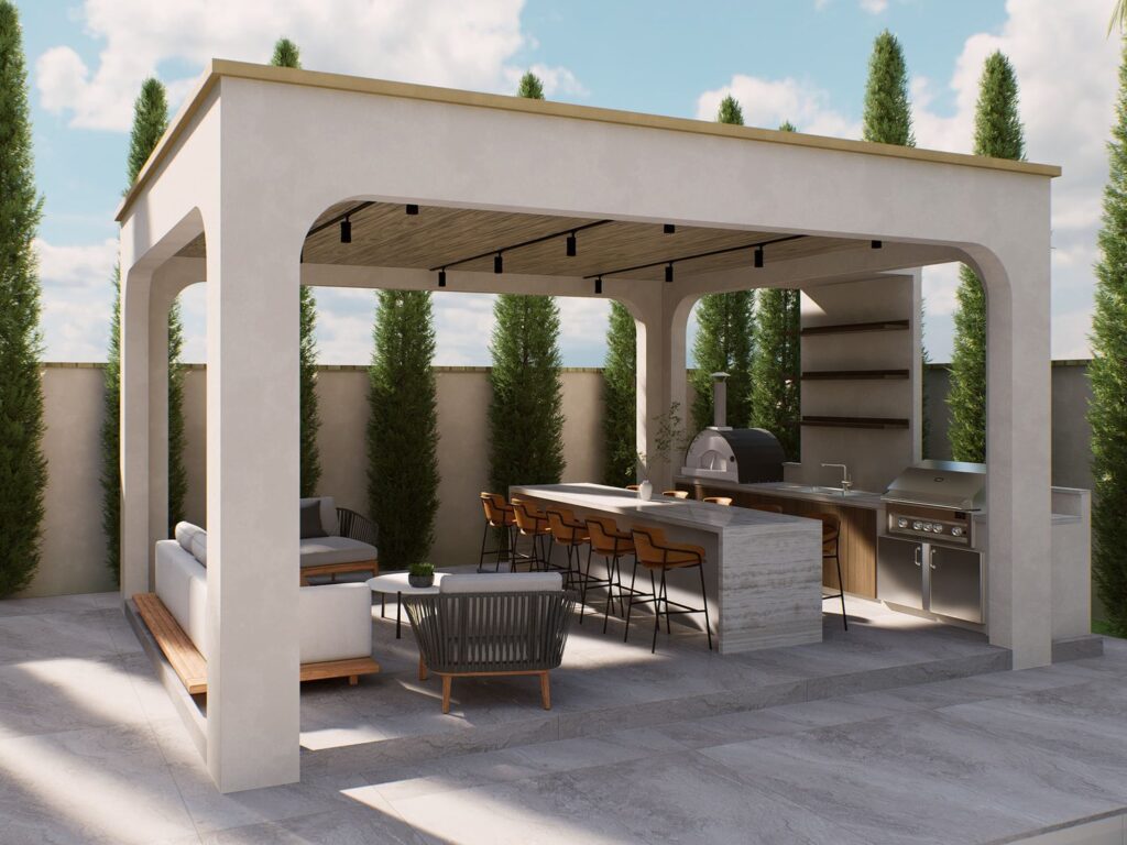 3D design of a pergola with outdoor kitchen, bar seating and lounge