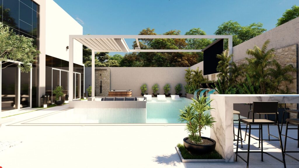 3D design of a villa garden with pool, pergola and bar seating in Al Quoz