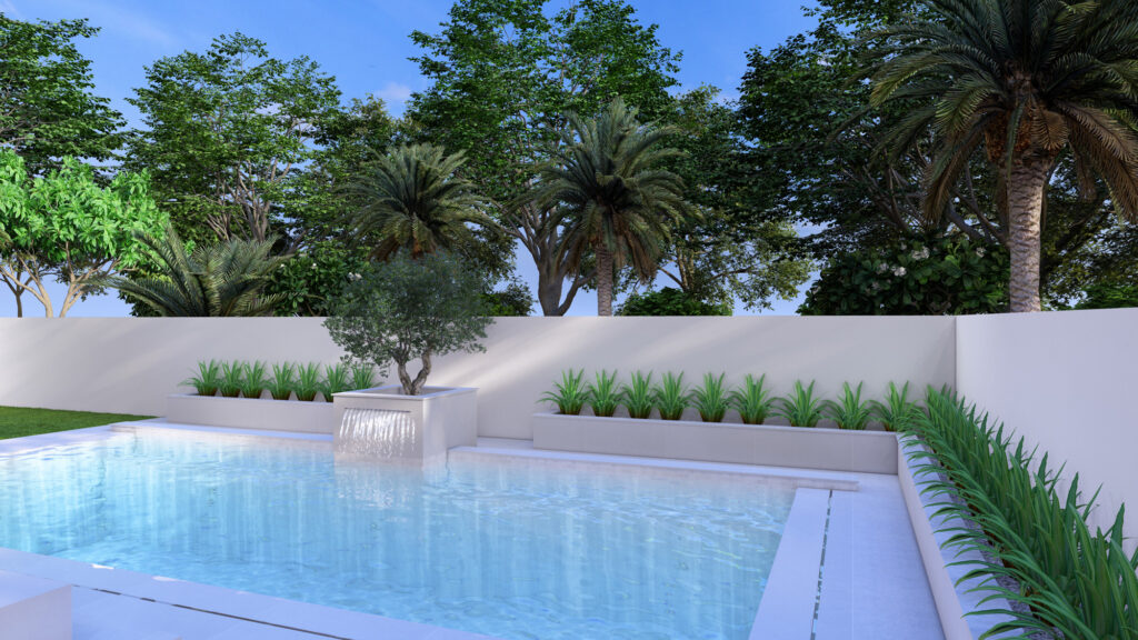 3D design of a plunge pool with palms and planting at Villa 84, The Meadows